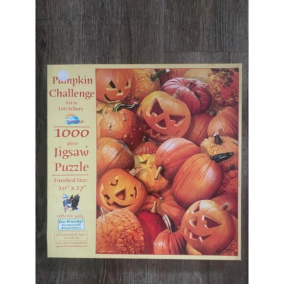 Pumpkin Challenge 1000-Piece Jigsaw Puzzle Jackolanterns Fall Harvest Autumn Sun - Picture 1 of 6